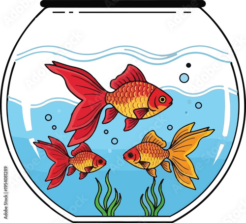 A colorful illustration featuring three vibrant goldfish swimming inside a clear round glass bowl