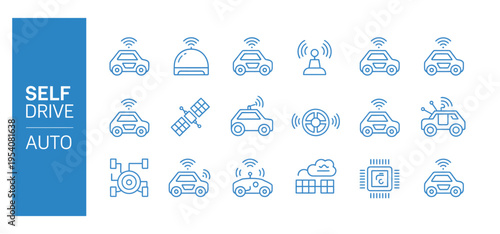 Collection of self driving car and autonomous vehicle icons for infographics and design