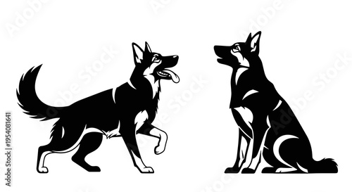 Black and White Canine Companions: A Bold Graphic Illustration of Two Alert German Shepherd Dogs, Perfect for Branding, Logos, and Pet-Related Designs.