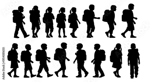 Silhouette Back-to-School: Group of Students with Backpacks Walking to School - Vector Illustration for Education, Childhood, and Community Projects