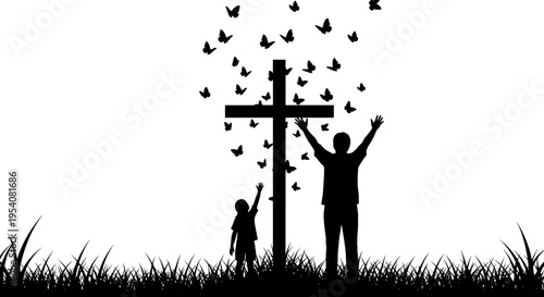 Silhouette of Faith: A Father, Child, and the Cross Amidst Butterflies - A Powerful Symbol of Christian Devotion, Family, Hope, Transformation, and Spiritual Growth in Nature's Embrace