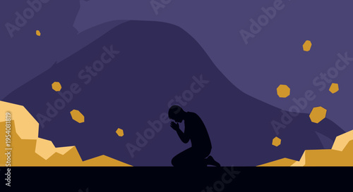 Silhouette of Prayer in Night Landscape: Evoking Faith, Hope, and Solitude in Graphic Illustration Style for Spiritual Reflection and Emotional Expression