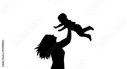 Loving Silhouette: A Mother's Joyful Embrace - Capturing a Heartwarming Moment of a Mother and Child Playing, Freedom, Family, and Love in a Timeless Silhouette Illustration