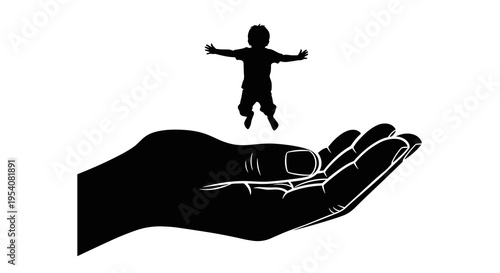 Silhouette of a child jumping into a large hand evoking a sense of trust, protection, innocence and the safety of family relationships and parental love, set against a white background