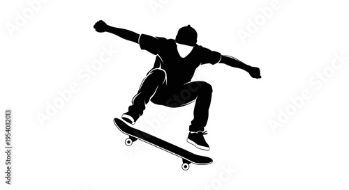 Dynamic Silhouette of a Skateboarder Performing a Trick: Energy, Youth, and Urban Culture in Bold Black and White, Perfect for Sport Branding and Design Projects