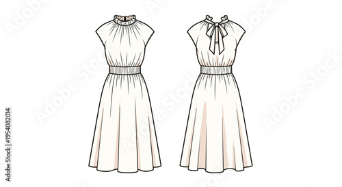 Elegant Midi Dress Technical Drawing: Fashion Design Illustration for Garment Creation and Style Guides, Featuring a Bow Back Detail and Gathered Waist