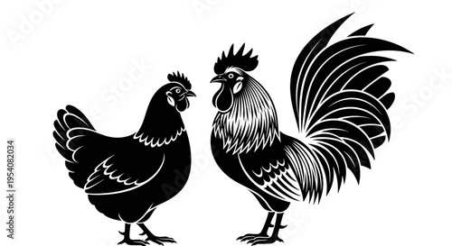 Black and White Rooster and Hen Illustration: Detailed Vector Graphics for Farm, Poultry, and Agriculture Designs, Perfect for Branding, Packaging, and Educational Materials