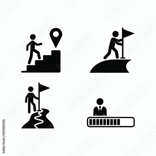 Silhouette icons of people achieving goals and navigating through challenges