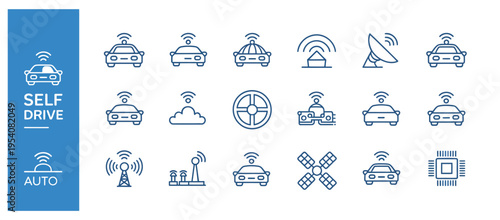 Collection of self drive and autonomous vehicle related icons and symbols for infographics