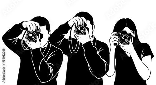 Paparazzi Pursuit: A Trio of Photographers in Action, Capturing Moments with Vintage Cameras - A Black and White Vector Illustration for Journalism, Media, and Creative Projects