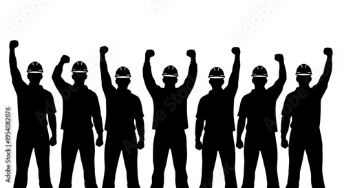 United Strength: Silhouette of Construction Workers Raising Fists in Solidarity for Labor Rights, Safety, and Fair Treatment, Standing Strong in Protest Symbolizing Union Support
