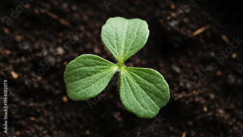 Young green plant seedling growing in rich soil closeup