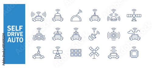 Collection of self drive and autonomous vehicle related icons and symbols for design