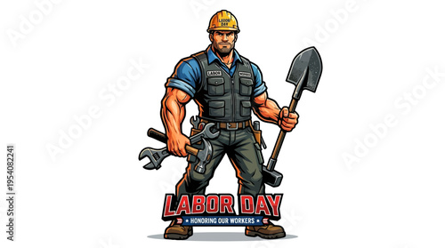 Cartoon muscular man with tools.