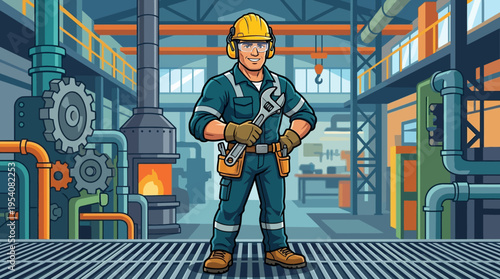 Cartoon man in industrial uniform standing.