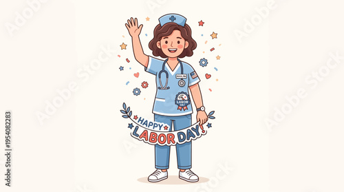 Cartoon nurse in blue uniform waving.