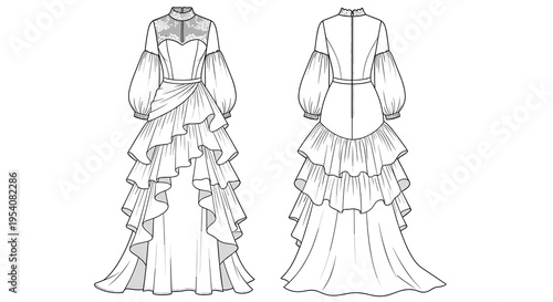 Elegant Gown Fashion Illustration: Refined Victorian Style Dress with Ruffled Skirt and Bishop Sleeves for Fashion Design and Historical Costume Projects