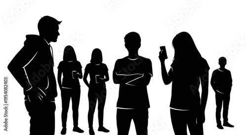 Social Gathering Silhouette: A Diverse Group of Young Adults Standing Together, Some with Devices and Cups, Emphasizing Connection, Communication, and Modern Lifestyle in a Minimalist Style Vector...
