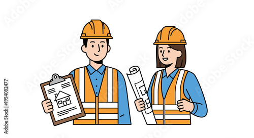Construction Crew Inspecting Blueprints: A Vector Illustration of Two Engineers Ready to Build Your Vision, Perfect for Project Management and Architectural Presentations
