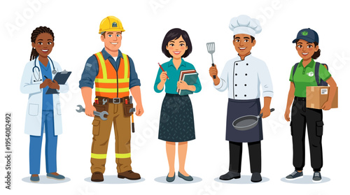 Diverse professionals in various occupations.