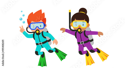 Cartoon Scuba Diving Adventure: Two Young Divers Exploring the Underwater World with Enthusiasm and Joy for Educational Materials and Children's Content