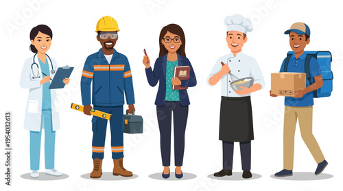 Five diverse professionals in various occupations.