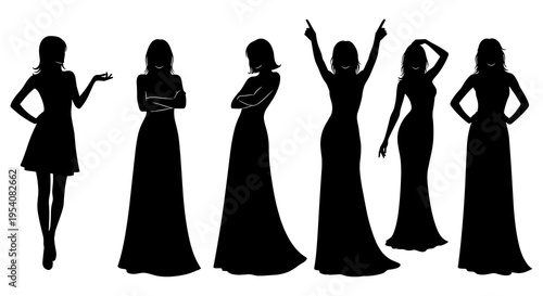 Elegant Women in Silhouette: A Fashionable Ensemble of Diverse Poses and Styles for Sophisticated Designs and Creative Projects, Ideal for Fashion, Beauty, and Event Themes