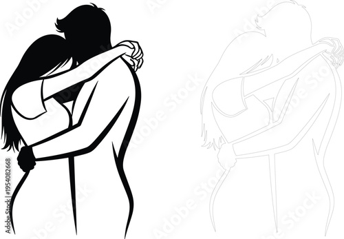 Couple Hugging Silhouette Romantic Embrace Love Relationship Man and Woman Hug Vector Illustration Black and Outline Isolated