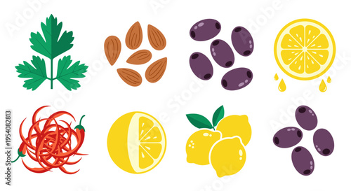 Vibrant Culinary Flat Lay: Fresh Herbs, Citrus, Nuts, and Chili Peppers for Healthy Mediterranean Cooking, Recipe Creation, and Eye-Catching Food Presentation