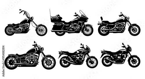 Monochrome Motorcycle Mania: A Vector Illustration Showcase of Classic and Modern Motorbike Designs for Custom Culture Enthusiasts and Automotive Art Collectors