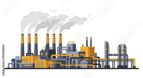Industrial factory complex with smoking chimneys and yellow pipes showing manufacturing process in flat vector illustration style on white background space