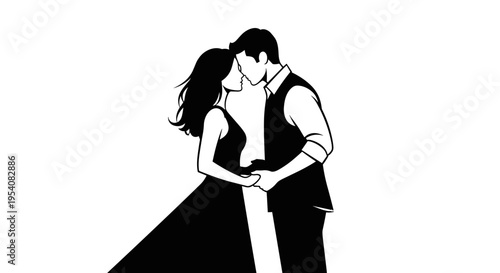 Elegant Monochrome Silhouette of a Loving Couple Embracing Tenderly, Symbolizing Romance, Connection and Timeless Love for Wedding Designs and Anniversary Greetings