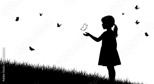 Dreamy Silhouette: A Young Girl's Enchanting Moment with Butterflies in a Serene Meadow, Evoking Wonder and Childhood Innocence