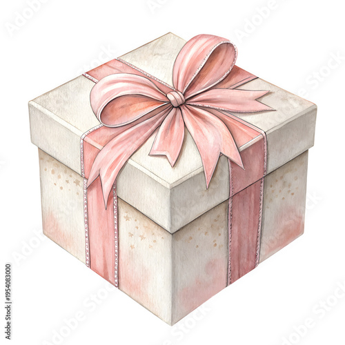Elegant cream gift box with pink ribbon bow watercolor painting for special occasions