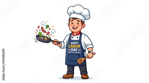 Smiling chef with Labor Day apron.