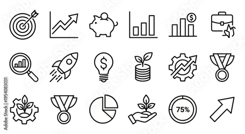 Line-style web icons for business growth and investment performance. Targets, trending graphs, and profit symbols collection. Clean vector illustration for fintech apps, dashboard UI, and financial br