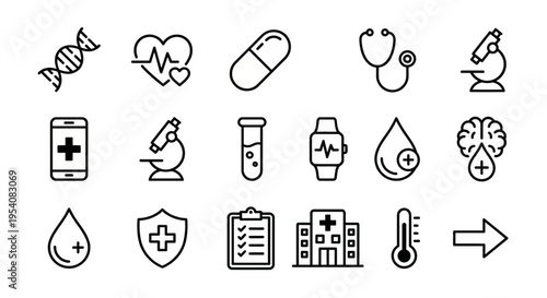 Line-style web icons for digital health and biotechnology systems. DNA strands, heartbeats, and medical sensors collection. Clean vector illustration for health apps, biotech dashboards, and medical b