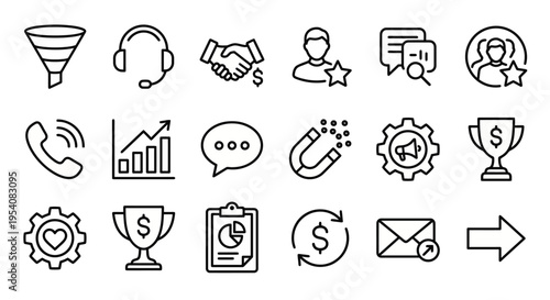 Line-style web icons for CRM systems and sales management. Funnels, support headsets, and growth charts collection. Clean vector illustration for sales dashboards, business apps, and corporate brandin