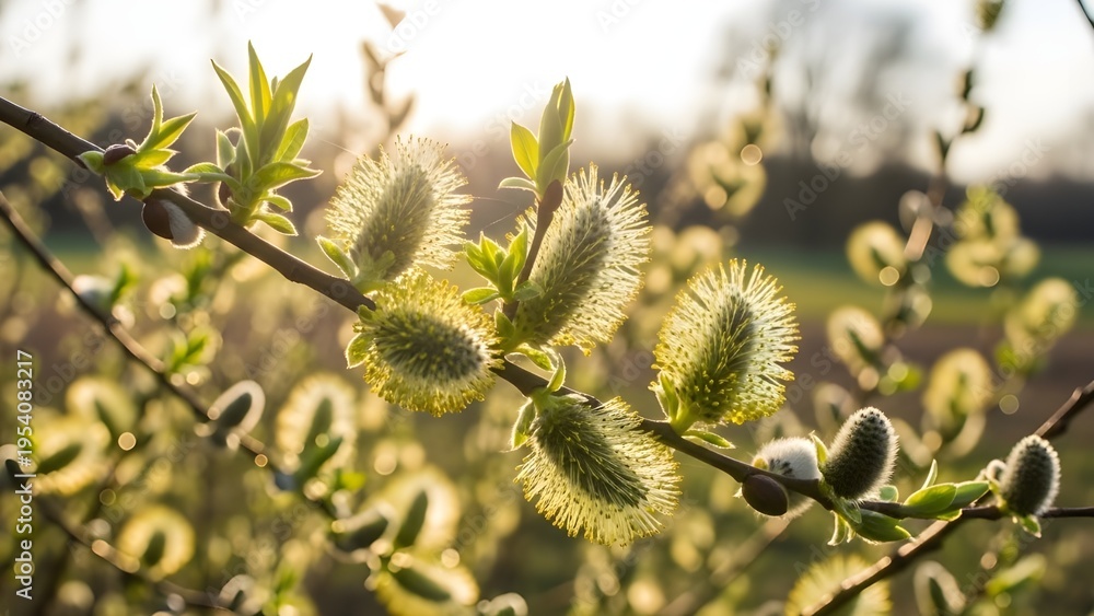 Fototapeta premium A vibrant close-up of fuzzy yellow pussy willow catkins and fresh green buds on branches. Captured in a natural setting with warm, golden hour sunlight and a soft bokeh background.