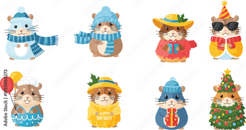 Obraz premium Cute Hamster Cartoon Characters Set with Seasonal Outfits, Christmas Tree, Birthday Costume, Winter Clothes, and Fun Mascot Designs for Kids Illustration
