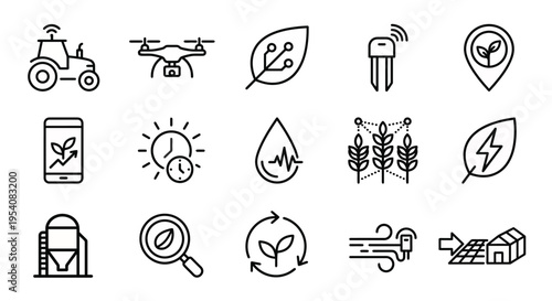 Line-style web icons for AgTech and precision farming systems. Autonomous tractors, crop drones, and soil sensors collection. Clean vector illustration for farming apps, agricultural dashboards, and s