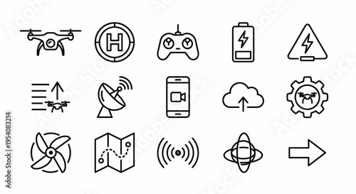 Line-style web icons for drone fleet management and aerial survey systems. Quadcopters, telemetry, and landing pad symbols collection. Clean vector illustration for pilot apps, surveillance dashboards