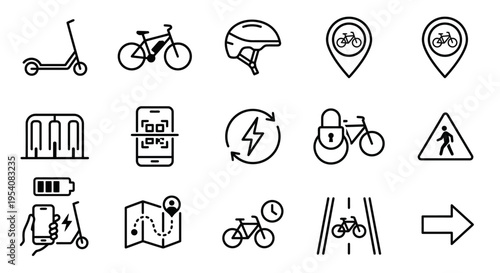 Line-style web icons for micro-mobility and bike-sharing systems. E-scooters, e-bikes, and urban transit symbols collection. Clean vector illustration for mobility apps, city dashboards, and eco-trans