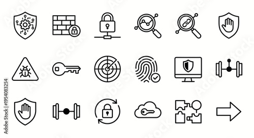 Line-style web icons for industrial cybersecurity and OT systems. Firewalls, network locks, and threat detection symbols collection. Clean vector illustration for security apps, IT/OT dashboards, and 