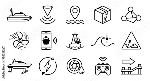 Line-style web icons for autonomous maritime vehicles and USV logistics. Ocean drones, sonar sensors, and marine data symbols collection. Clean vector illustration for maritime apps, oceanography dash