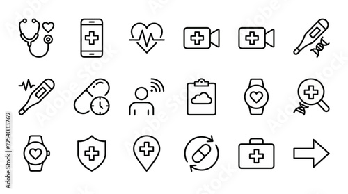 Line-style web icons for e-health and telehealth systems. Stethoscopes, pulse lines, and digital medical records collection. Clean vector illustration for health apps, medical dashboards, and telemedi