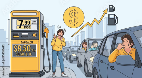 Woman stands distressed at gas pump as fuel prices rise dramatically, cars line up in background, showcasing economic impact on motorists