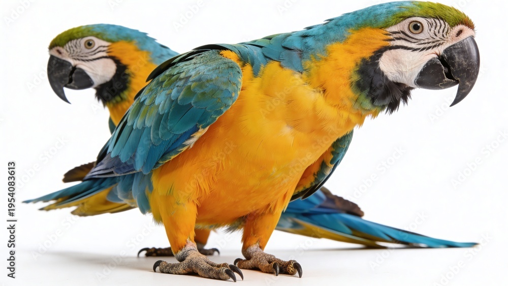 Fototapeta premium Two vibrant macaws showcasing beautiful plumage, symbolizing wildlife and biodiversity in nature.