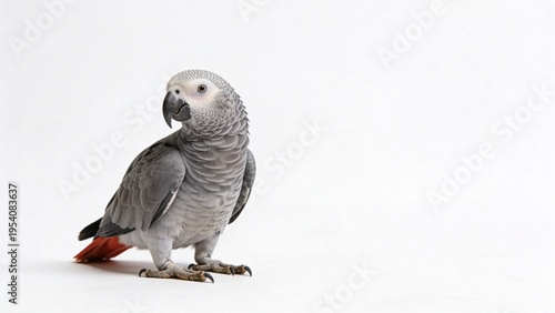 A striking African grey parrot stands elegantly against a white background, showcasing its unique features and vibrant personality.