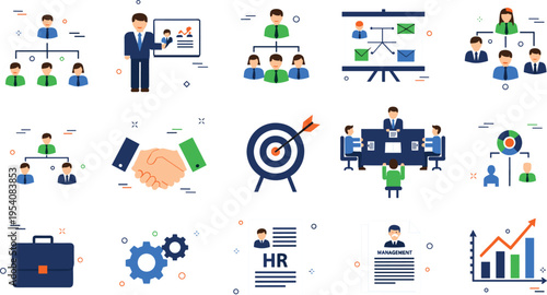 Corporate HR Management and Business Strategy Icon Set Featuring Team Leadership Hierarchy, Professional Training Presentation, Partnership Handshake, and Goal Achievement Vector Illustrations